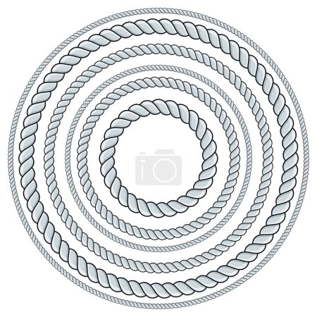 Set of round rope frames isolated on white background. Twisted cord with decorative loops and nautical knots. Braided rope decor. Vintage flat cartoon vector border.