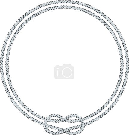 Round rope frame isolated on white background. Twisted cord with decorative loops and nautical knots. Braided rope decor. Vintage flat cartoon vector border.