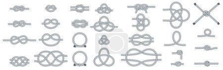 Set of rope knots. Nautical, travel and decorative loops. Twisted cord with decorative loops and nautical knots. Braided rope decor. Vintage flat cartoon vector border.