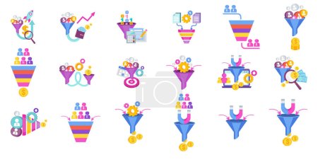Illustration pour Conversion funnel set. Digital inbound marketing tool to attract a client to the site. SEO optimization and consumer journey. Advertising on the Internet and social networks. Icon on white background. - image libre de droit