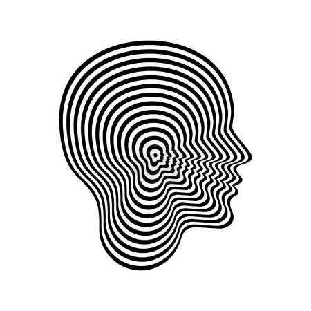 Ilustración de Woman profile. Silhouette of head with concentric abstract psychedelic pattern. Optical illusion. Vector illustration isolated on white background. - Imagen libre de derechos