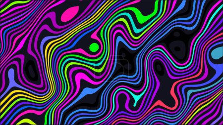 Téléchargez les illustrations : Trippy strip psychedelic pattern. Neon color wavy background. Groovy abstract wallpaper. Curvy liquid texture print. Vector line illustration. - en licence libre de droit