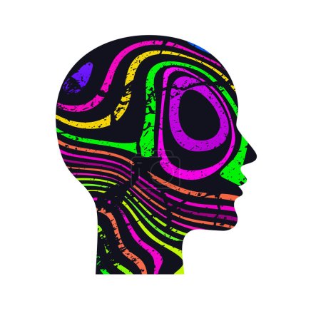 Ilustración de Woman profile. Silhouette of head with neon abstract psychedelic pattern. Optical illusion. Vector illustration isolated on white background. - Imagen libre de derechos