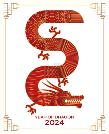 Luxury Red Gold abstract geometric chinese dragon. Modern shape design. Zodiac sign. Sacred animal. Bauhaus tile motif. Line flat vector illustration. Template for greeting card, banner, poster.