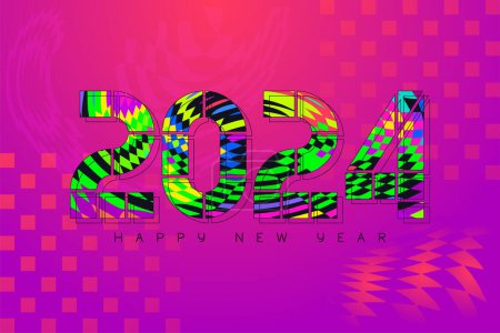 Illustration for 2024 new year card. Trippy strip psychedelic pattern. Neon color wavy background. Curvy liquid texture print. Vector illustration. - Royalty Free Image