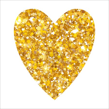 Illustration for Gold glitter heart. Luxury shimmer heart shape. Sparkling symbol of love. Golden sand award sticker. Magical tag for Valentines Day, wedding card, invitation. Vector illustration, EPS 10. - Royalty Free Image
