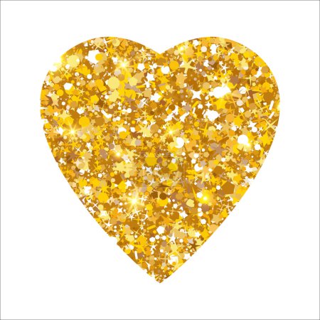 Illustration for Gold glitter heart. Luxury shimmer heart shape. Sparkling symbol of love. Golden sand award sticker. VIP premium decorative design element. Magical tag for Valentines Day. Vector illustration, EPS 10. - Royalty Free Image