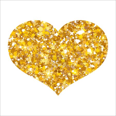 Illustration for Gold glitter shimmer luxury heart. Shiny romance icon. Golden sand award sticker. VIP premium decorative design element. Magical tag for Valentines Day, card, invitation. Vector illustration, EPS 10. - Royalty Free Image