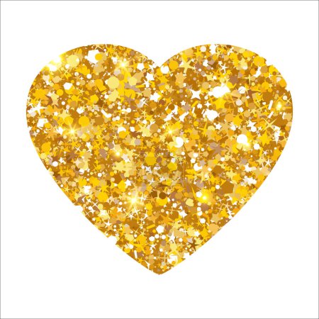 Illustration for Gold glitter heart. Luxury shimmer heart shape. Sparkling symbol of love. Golden sand award sticker. Magical tag for Valentines Day, wedding card, invitation. Vector illustration, EPS 10. - Royalty Free Image