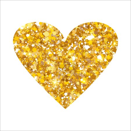Illustration for Gold glitter shimmer luxury heart. Shiny romance Happy Valentines Day icon. Golden sand award sticker. VIP premium design element. Magical tag for wedding card, invitation. Vector illustration EPS 10. - Royalty Free Image