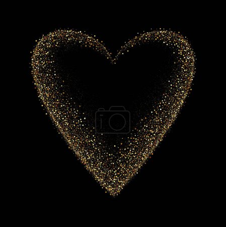 Gold glitter heart frame. Luxury shimmer heart shape border. Sparkling symbol of love. Golden sand award sticker. Magical tag for Valentines Day, wedding card, invitation. Vector illustration, EPS 10.