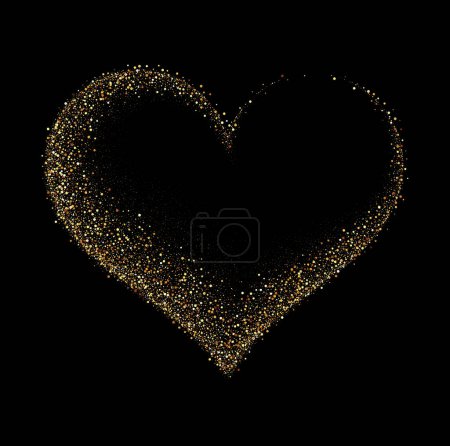 Gold glitter heart frame. Luxury shimmer heart shape border. Sparkling symbol of love. Golden sand award sticker. Magical tag for Valentines Day, wedding card, invitation. Vector illustration, EPS 10.