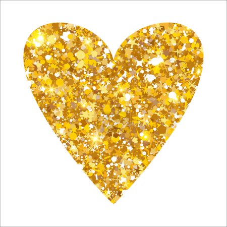 Gold glitter shimmer luxury heart. Shiny romance icon. Golden sand award sticker. VIP premium decorative design element. Magical tag for Valentines Day, card, invitation. Vector illustration, EPS 10.