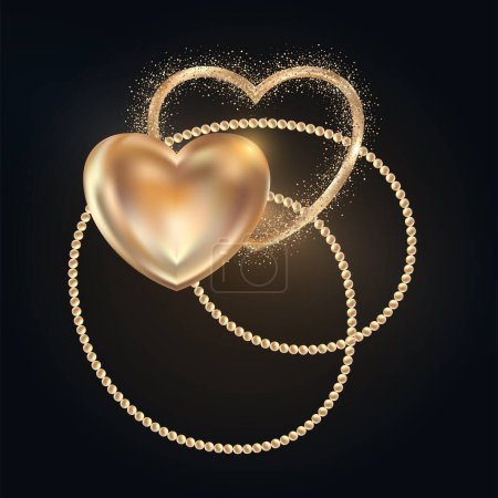 Gold heart shape medallion. Luxurious expensive jewelry. Shimmer sparkling symbol of love. Decorative design element for Valentines Day, wedding card, invitation. EPS 10.