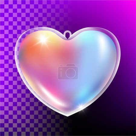 Transparent glass holographic heart. Realistic plastic gradient heart bubble. 3d vector illustration. Luxury symbol of love. Decorative element for Valentines Day, wedding card, invitation. EPS 10.