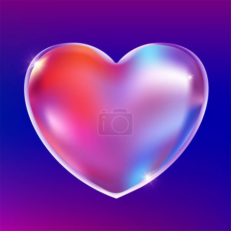 Transparent glass holographic heart. Realistic plastic gradient heart bubble. 3d vector illustration. Luxury symbol of love. Decorative element for Valentines Day, wedding card, invitation. EPS 10.