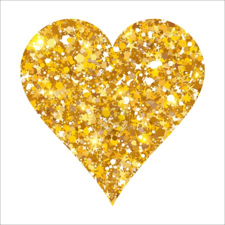 Gold glitter shimmer luxury heart. Shiny romance Happy Valentines Day icon. Golden sand award sticker. VIP premium design element. Magical tag for wedding card, invitation. Vector illustration EPS 10.