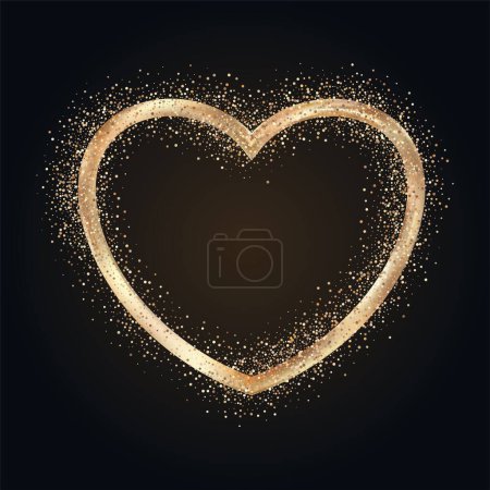 Gold heart shape frame. Luxurious expensive jewelry. Shimmer sparkling symbol of love. Decorative design element for Valentines Day, wedding card, invitation. EPS 10.