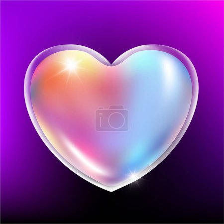 Transparent glass holographic heart. Realistic plastic gradient heart shape bubble. 3d vector illustration. Luxury symbol of love. Decorative design element for Valentines Day, wedding card