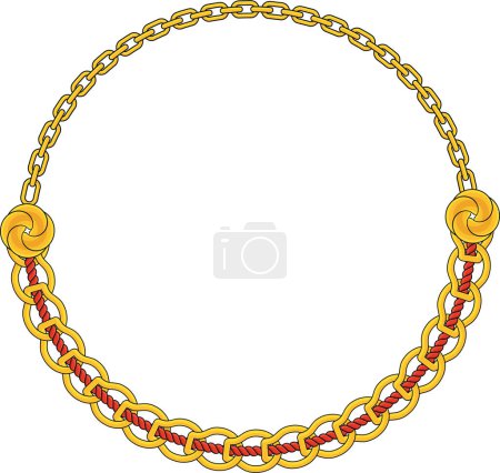 Round Chain frame. Circle chains border. Boho bracelet with pendants, rope, bow. Vintage flat cartoon vector illustration isolated on white background.