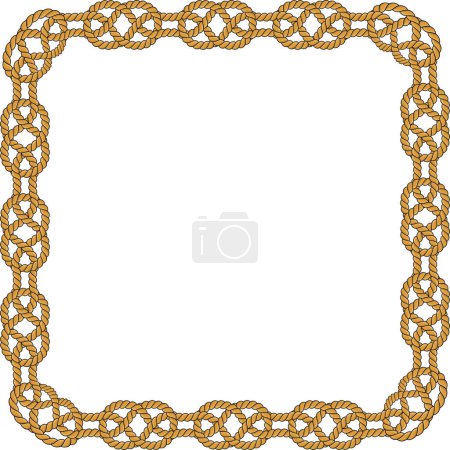 Square rope frame isolated on white background. Twisted cord with decorative loops and nautical knots. Braided rope decor. Vintage flat cartoon vector border.