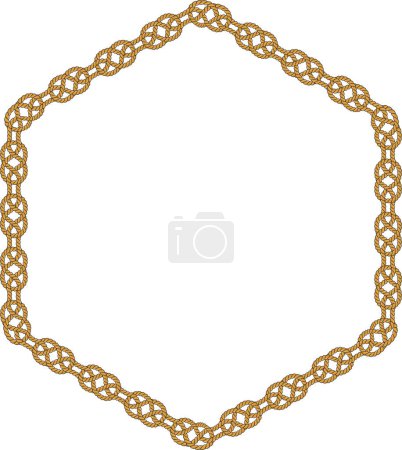 Hexagonal rope frame isolated on white background. Twisted cord with decorative loops and nautical knots. Braided rope decor. Vintage flat cartoon vector border.