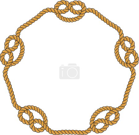 Hexagonal rope frame isolated on white background. Twisted cord with decorative loops and nautical knots. Braided rope decor. Vintage flat cartoon vector border.