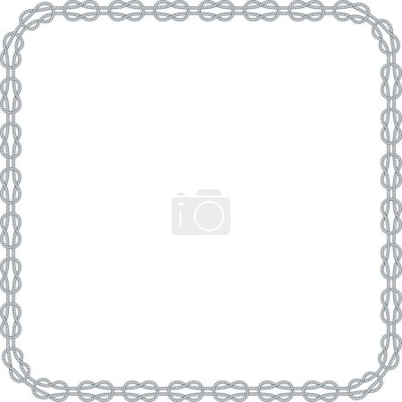 Square rope frame isolated on white background. Twisted cord with decorative loops and nautical knots. Braided rope decor. Vintage flat cartoon vector border.