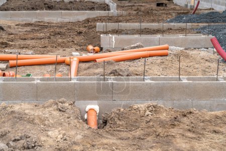Photo for Construction of sewerage from plastic pipes. - Royalty Free Image