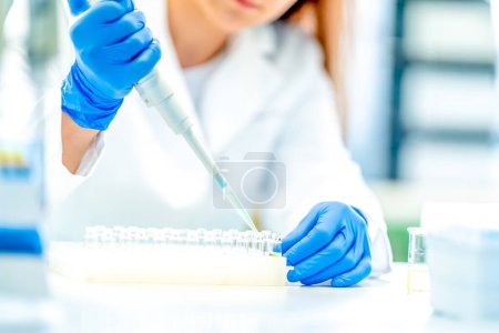 Foto de Pipeteo de muestras químicas durante la investigación en un laboratorio científico bioquímico. Foto de alta calidad - Imagen libre de derechos