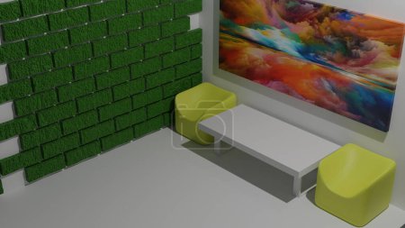 Téléchargez les photos : Rendu 3D d'une pièce avec une peinture et un mur de briques - en image libre de droit