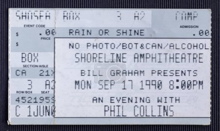 Photo for Mountain View, California - September 17, 1990 - ticket stub for the Phil Collins' Seriously Live! World Tour at Shoreline Amphitheatre - Royalty Free Image