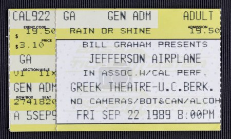Téléchargez les photos : Berkeley, Californie - 22 septembre 1989 - talon de billet pour le concert Jefferson Airplane au Greek Theatre - U.C. Berkeley - en image libre de droit