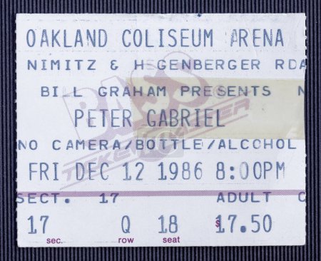 Photo for Oakland, California - December 12, 1986 - ticket stub for Peter Gabriel in So album tour at Oakland Coliseum Arena - Royalty Free Image