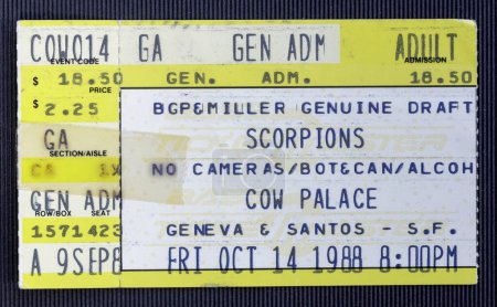 Photo for San Francisco, California -October 14, 1988 - Old used ticket for the concert of The Scorpions at Cow Palace - Royalty Free Image