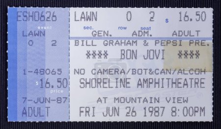 Photo for Mountain View, California - June 26, 1987 - Old used ticket for the concert of Bon Jovi at Shoreline Amphitheatre - Royalty Free Image