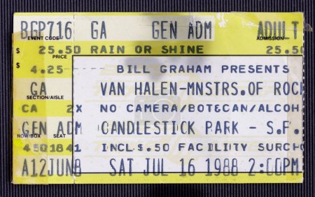 Photo for San Francisco, California - July 16, 1988 - Old used ticket for Monsters of Rock music festival featuring Van Halen, Scorpions, Metallica, Dokken, and Kingdom Come at Candlestick Park - Royalty Free Image
