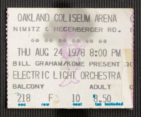 Photo for Oakland, California - August 24, 1978 - Old used ticket stub for ELO concert at Oakland Coliseum Arena - Royalty Free Image