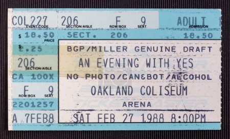 Photo for Oakland, California - February 27, 1988 - Old ticket stub for an Evening with Yes concert at Oakland Coliseum - Royalty Free Image