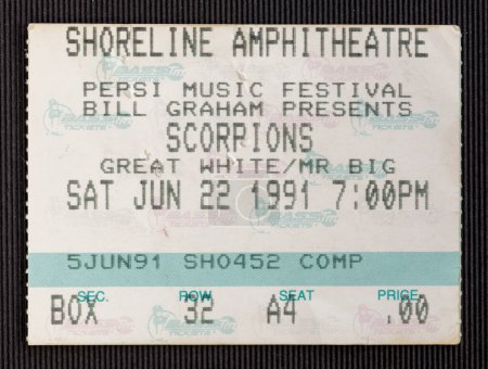 Photo for Mountain View, California - June 22, 1991 - Old used ticket for the concert of the Scorpions at Shoreline Amphitheatre - Royalty Free Image