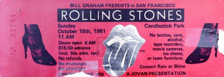Photo for San Francisco, California - October 18, 1981 - Old used ticket stub for the Rolling Stones concert at Candlestick Park - Royalty Free Image