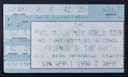 Photo for Berkeley, California - April 1, 1990 - Old used ticket for the concert of Paul McCartney at U.C. Berkeley Memorial Stadium - Royalty Free Image
