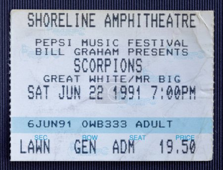 Photo for Mountain View, California - June 22, 1991 - Old used ticket for the concert of Scorpions at Shoreline Amphitheatre - Royalty Free Image