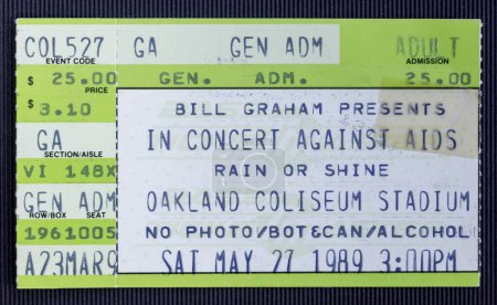 Photo for Oakland, California - May 27, 1989 - Ticket stub for the In Concert Against Aids fundraiser with Grateful Dead, John Fogerty and Friends, Los Lobos, Tracy Chapman, Joe Satriani, and Tower of Power. - Royalty Free Image