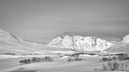 Norwegian high mountains in the snow. Mountains covered with snow in black and white. Snowy landscape in Scandinavia