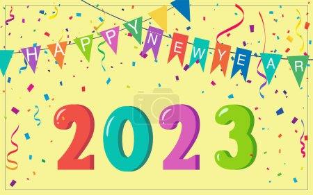 Illustration for New year banner with decoration. 2021 gold glitter numbers. Falling confetti ribbons and stars. Gold and silver frame. For Christmas and winter holiday headers, party flyers. Vector illustration. - Royalty Free Image