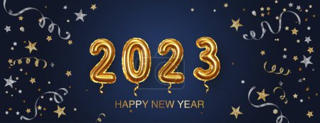 Illustration for New year banner with decoration. 2021 gold glitter numbers. Falling confetti ribbons and stars. Gold and silver frame. For Christmas and winter holiday headers, party flyers. Vector illustration. - Royalty Free Image