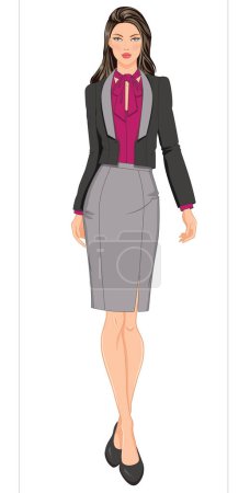 Illustration for WOMEN CROQUIS IN SMART UNIFORM BLAZER WITH PENCIL SKIRT AND PUSSY BOW TOP IN EDITABLE VECTOR - Royalty Free Image