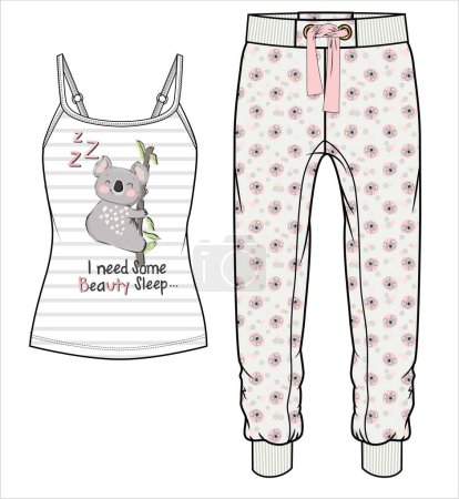 Illustration for WOMEN TANK AND JOGGERS WITH KOALA GRAPHIC NIGHTWEAR SET IN EDITABLE VECTOR FILE - Royalty Free Image