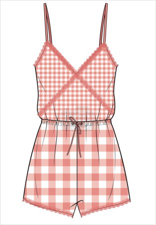 Illustration for WOMENS GINGHAM CHECK TEDDY PLAYSUIT NIGHTWEAR IN EDITABLE VECTOR FILE - Royalty Free Image